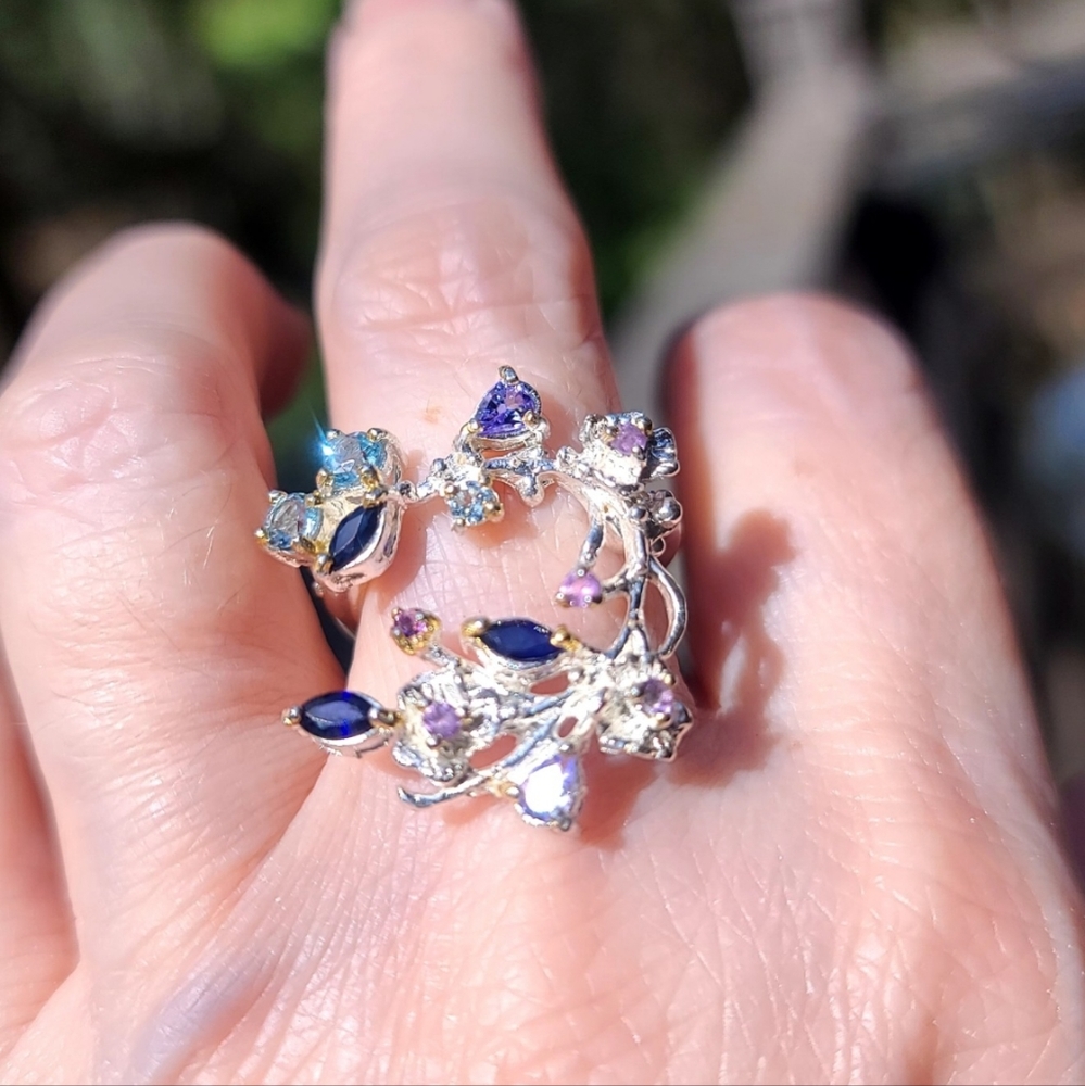 Sapphire Amethyst Tanzanite &Topaz Floral wreath Sterling Ring sz6.75 - Picture 5 of 10
